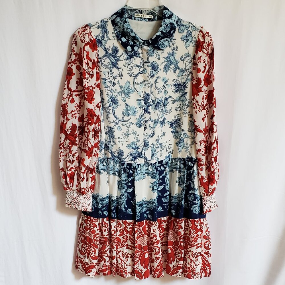Alice + Olivia Red, Blue, White Floral Tiered Long-Sleeve Dress